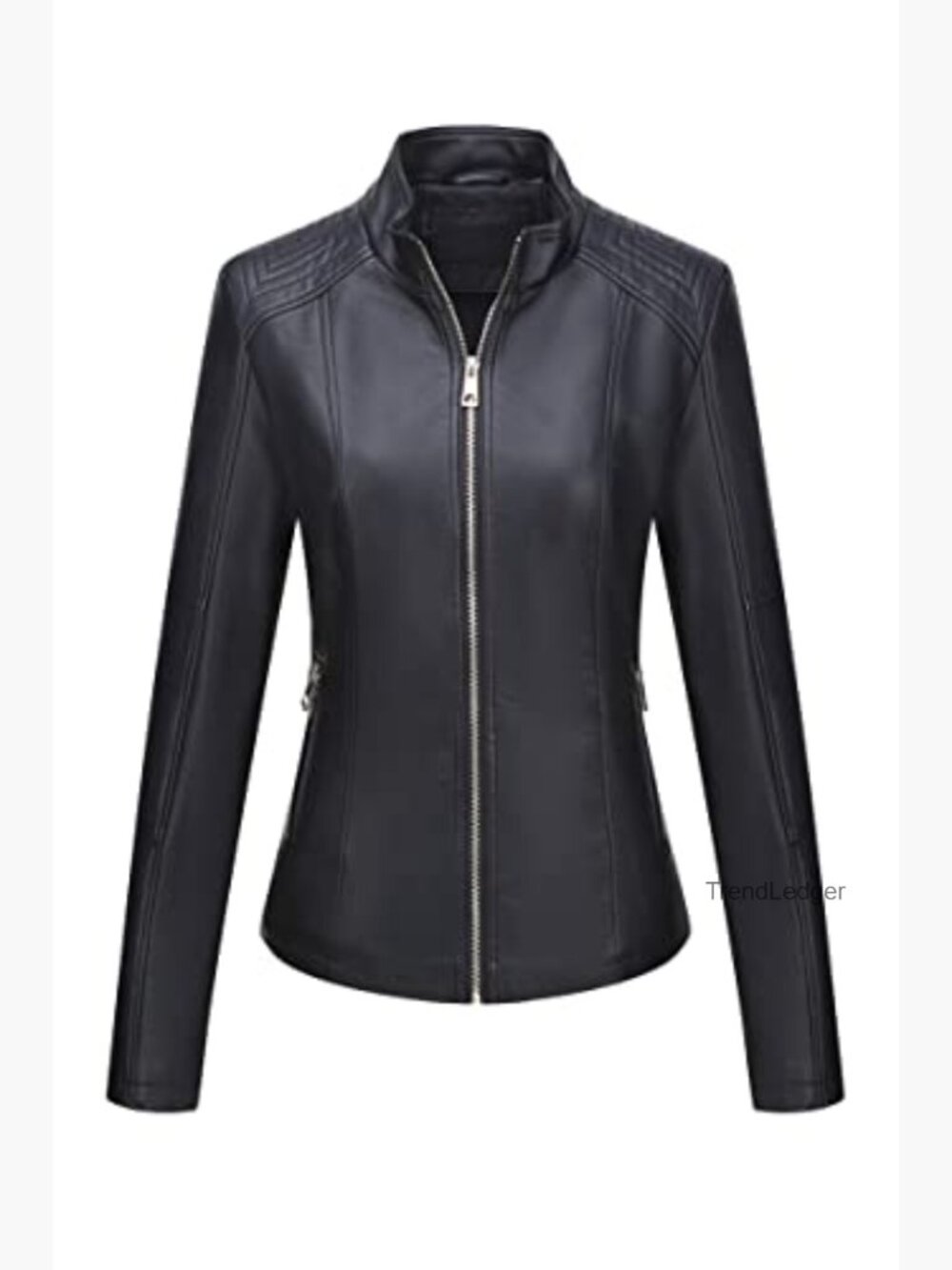 Women's Faux Leather Moto Jacket with Stand Collar & Pockets - Picture 7 of 7